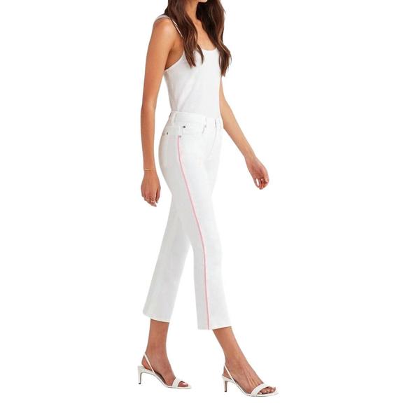 NEW 7 FOR ALL MANKIND high rise flare crop pink piping jeans in white - Picture 2 of 4